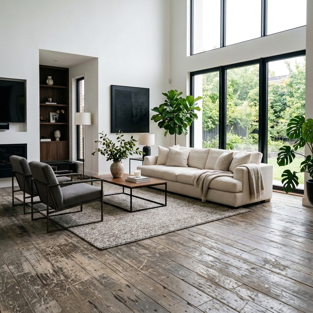 Living room with damaged, worn floor before restoration