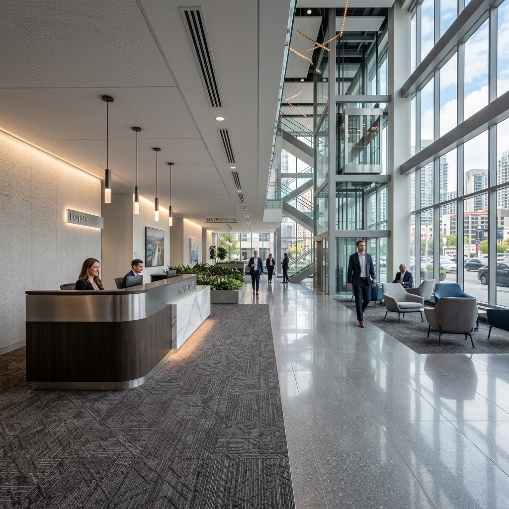 Polished commercial flooring layout in office space