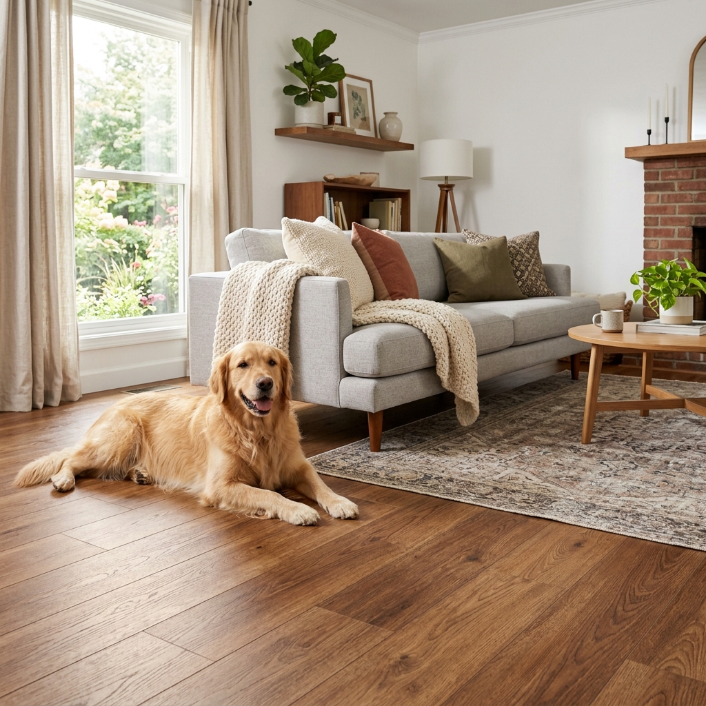 Golden retriever dog resting comfortably on scratch-resistant luxury vinyl plank flooring in a sunlit living room