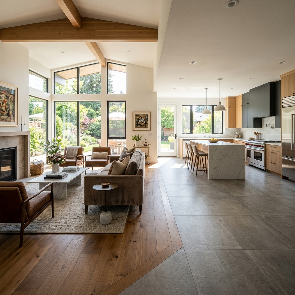 Open concept modern home displaying seamless flooring transitions between living room hardwood and kitchen tile
